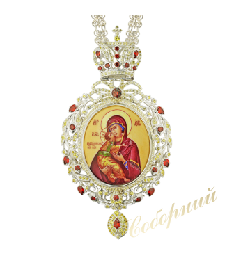 A silver panagia with an enamel image and chain