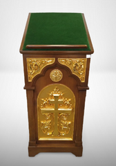 The lectern is single wooden, with gilded elements.