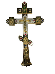 Gilded brass cross with enamel and inlays