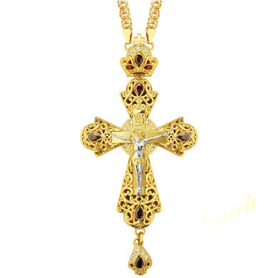Brass cross in gilding with inlays and chain