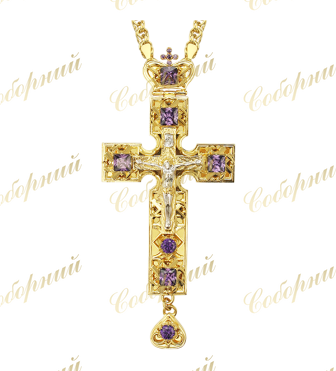 Хрест латунний у позолоті із вставками й литним розп'яттям без ланцюга