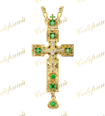 Хрест латунний у позолоті із вставками й литним розп'яттям без ланцюга