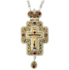 Хрест для священика латунний в срібленні з фрагментами позолоти і ланцюгом